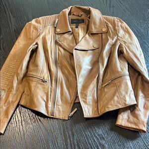 BCBGMaxAzria Tan Leather Jacket Asymmetrical Zipper